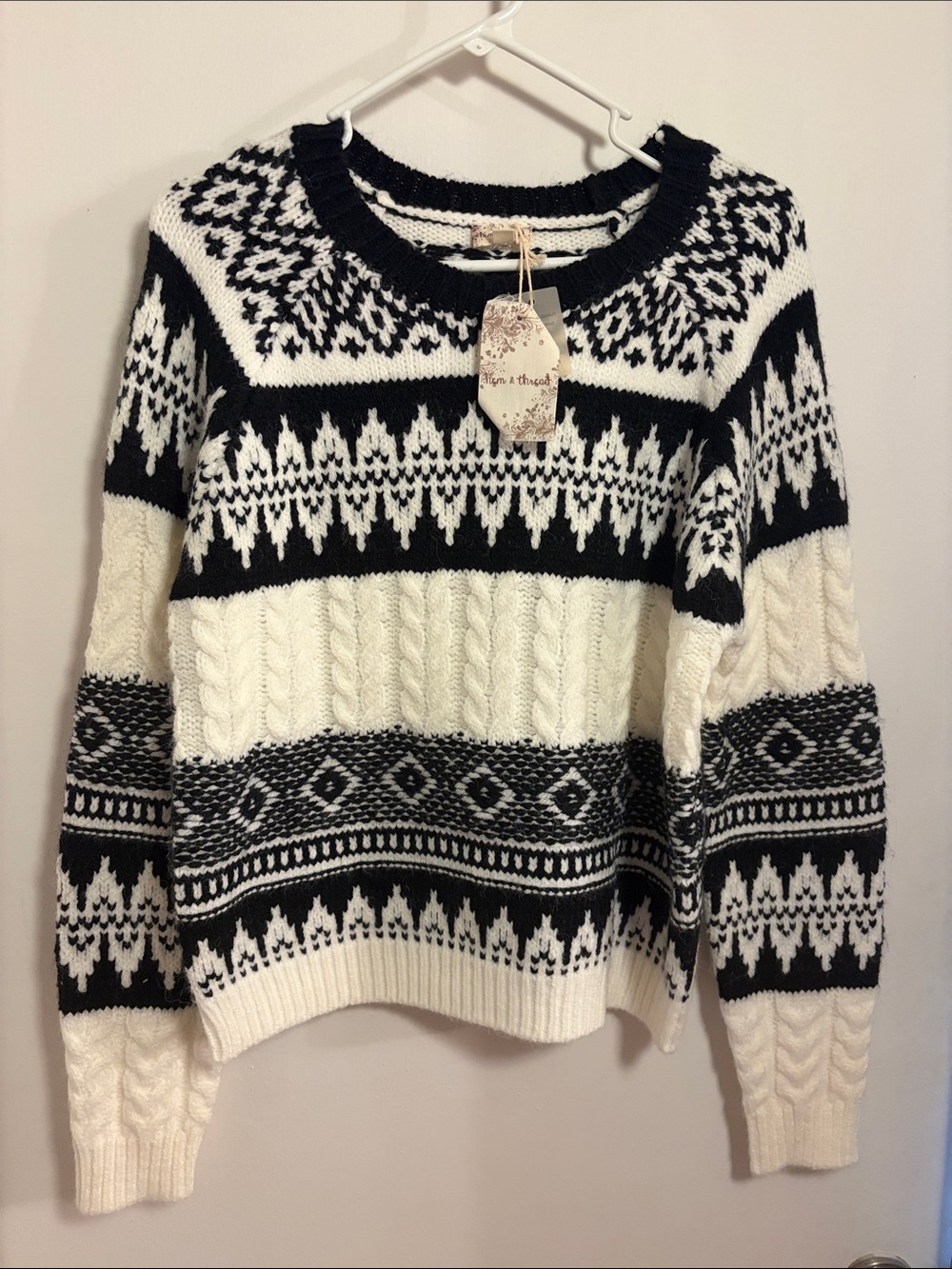 NWT HEM & THREAD Black & Cream Fair Isle Cable Knit Sweater Ski MEDIUM